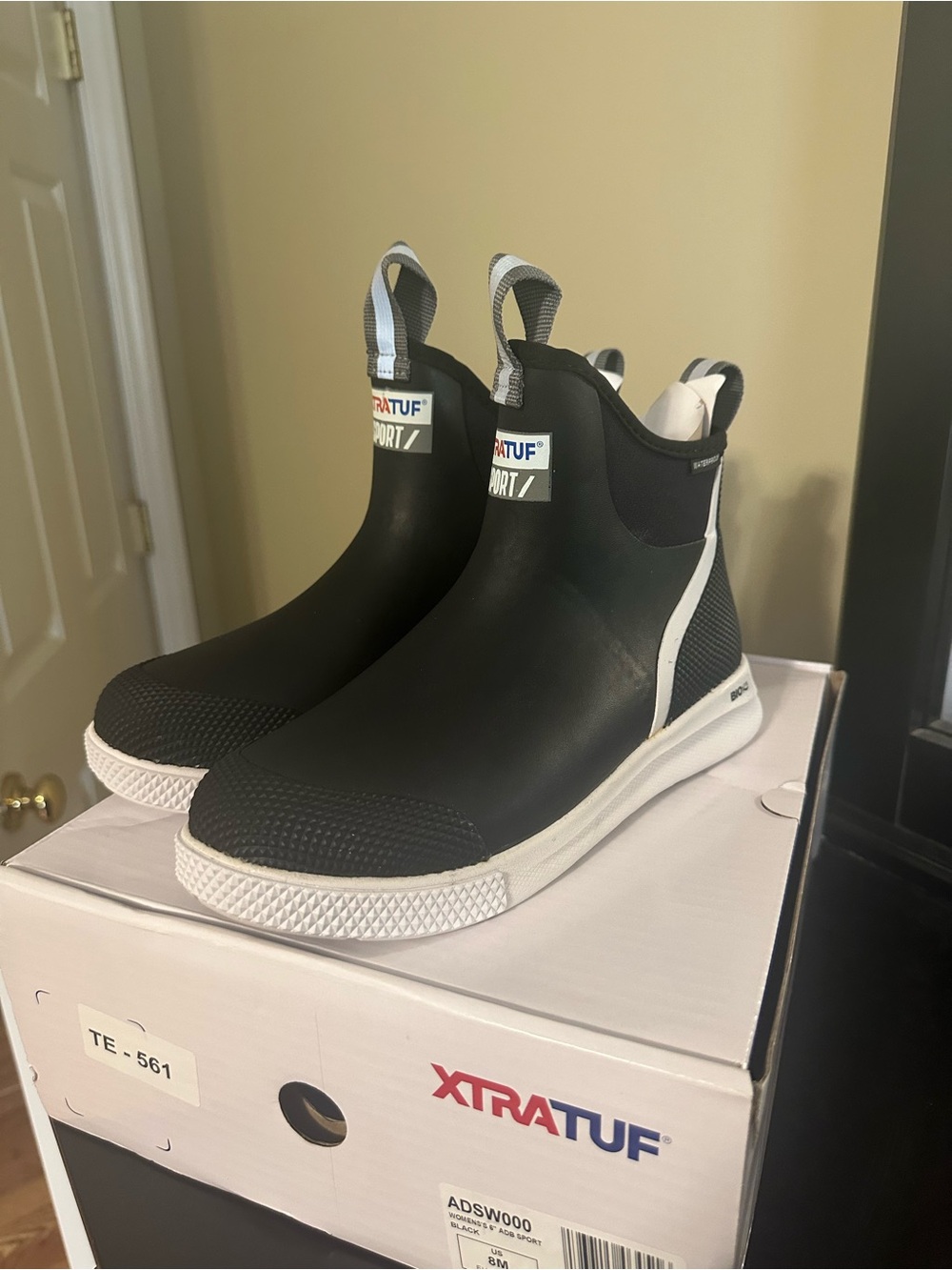 XTRATUF Women’s Black and White Slip-On Ankle Rain Boots